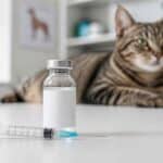 Chat tigré allongé derrière un flacon de vaccin et une seringue