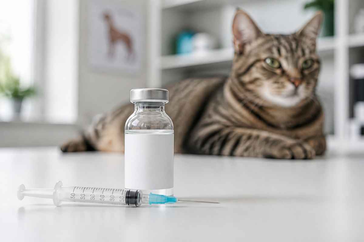 Chat tigré allongé derrière un flacon de vaccin et une seringue
